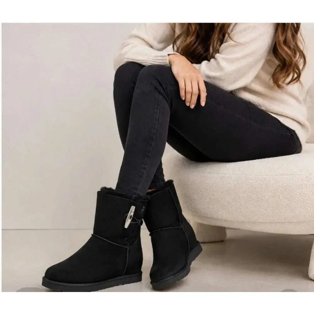 UGG Classic Femme Toggle Wedge Boots Women 6 Black Suede Shearling Ankle Booties